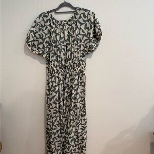 Marine Layer Green and Cream Abstract Puff-Sleeve Maxi Dress